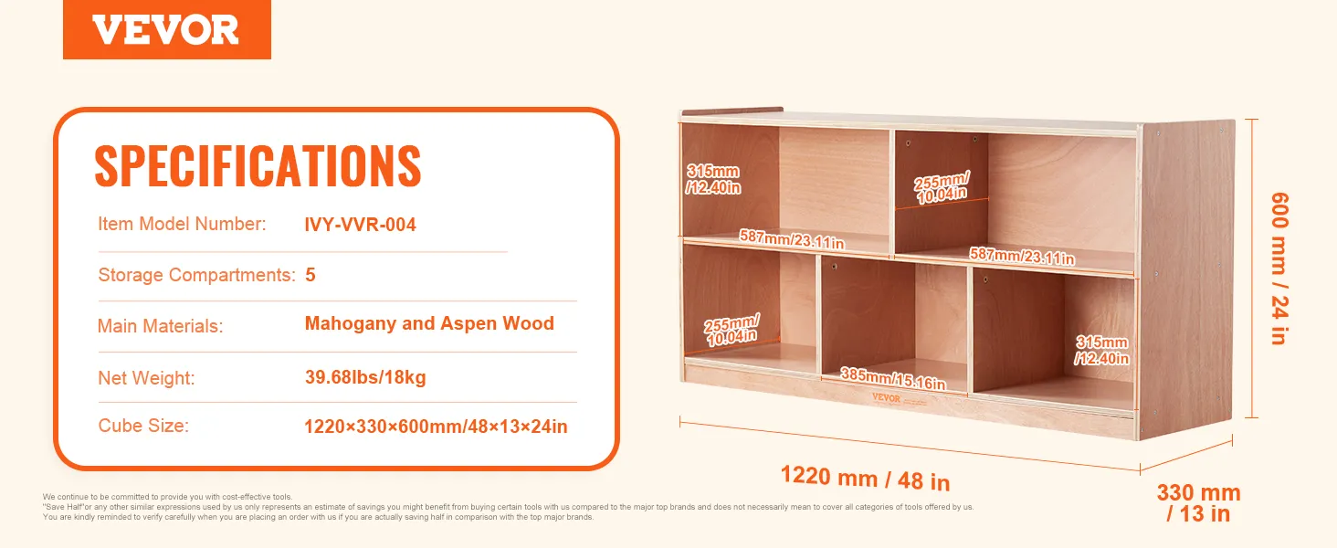 VEVOR storage shelf specifications, 20 compartments, mahogany and aspen wood, 1220x330x760mm.