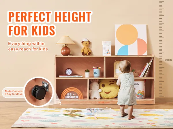 VEVOR storage shelf for kids, adjustable, wooden, toys and books, with casters for easy movement.