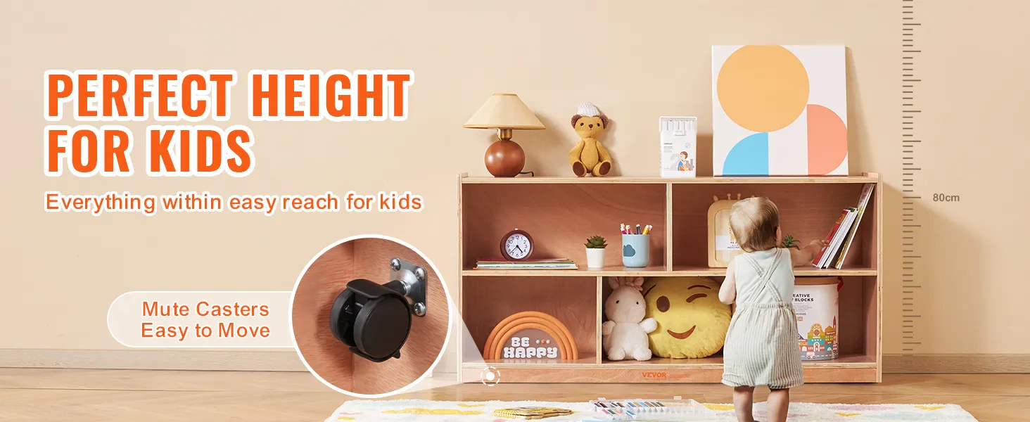 VEVOR storage shelf for kids, adjustable, wooden, toys and books, with casters for easy movement.