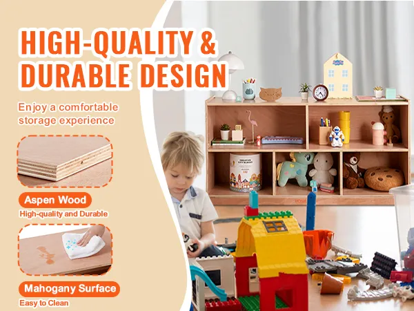 high-quality VEVOR storage shelf with aspen wood shelves and mahogany surface, showcasing organized toys.