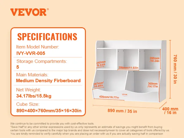 VEVOR toy storage organizer with 5 compartments, made of medium density fiberboard, 35x16x30 inches.