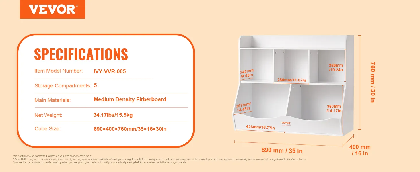 VEVOR toy storage organizer with 5 compartments, made of medium density fiberboard, 35x16x30 inches.