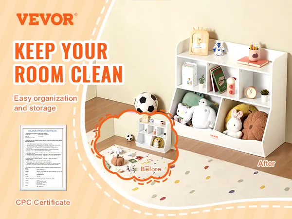VEVOR toy storage organizer, easy before-and-after organization for children's toys and items.