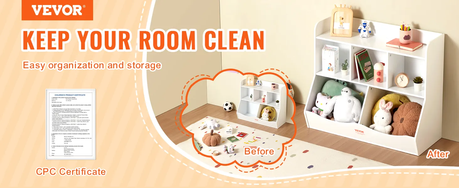 VEVOR toy storage organizer, easy before-and-after organization for children's toys and items.