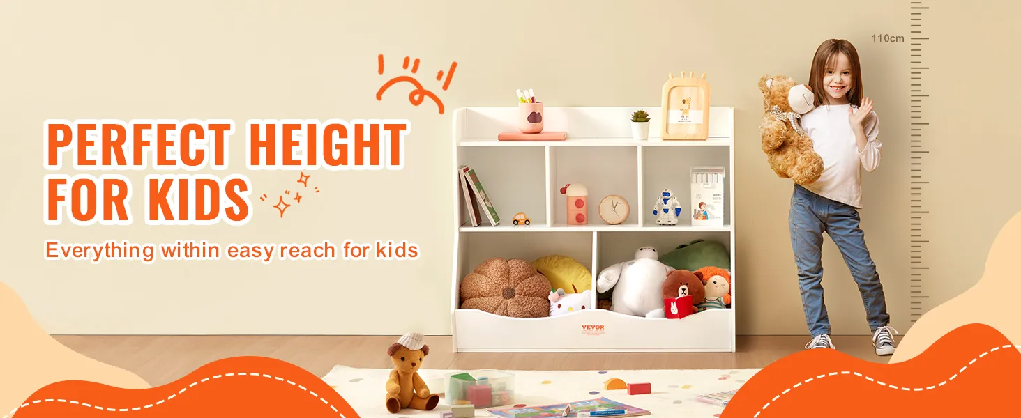 VEVOR toy storage organizer: perfect height for kids with open shelves for easy access and organization.
