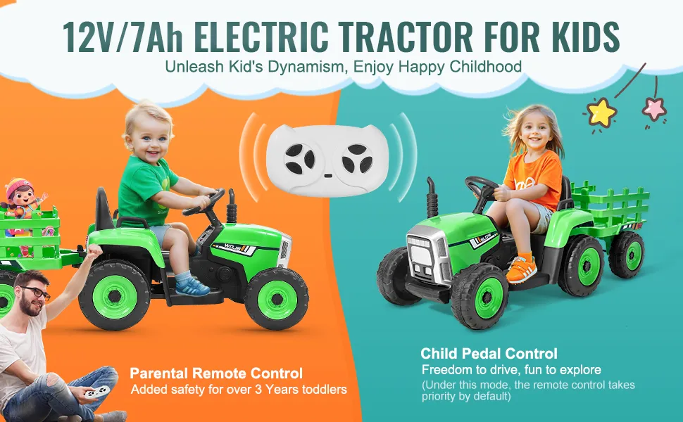 VEVOR Kids Ride on Tractor 12V Electric Toy Tractor with Trailer