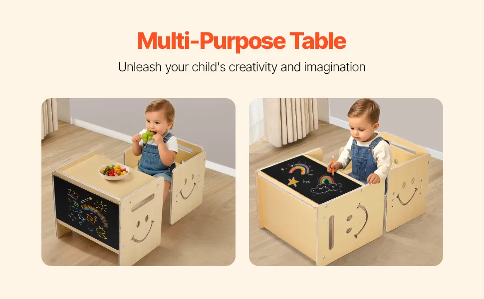 VEVOR Montessori Weaning Table and Chair Set, 3 in 1 Wooden Toddler Table and Chairs with Chalkboard, Adjustable Height Montessori Table for Ages 1-5, Ideal for Drawing, Reading, Eating - Natural