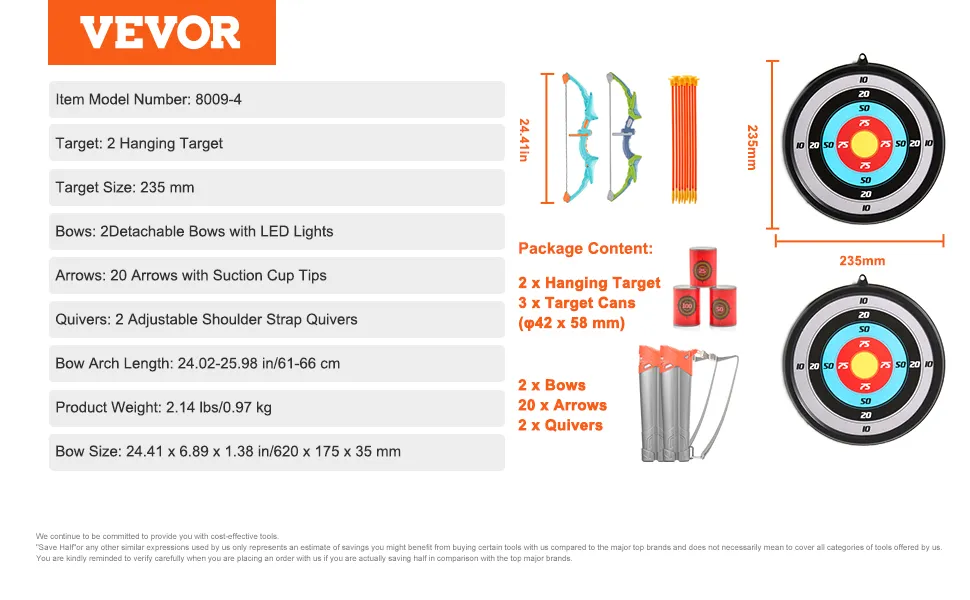 VEVOR kids bow and arrow set includes bows, arrows, quivers, targets, and target cans with detailed specs.