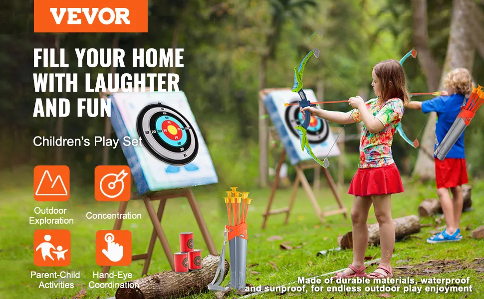 kids playing with VEVOR kids bow and arrow set, aiming at targets outdoors, promoting fun and learning.