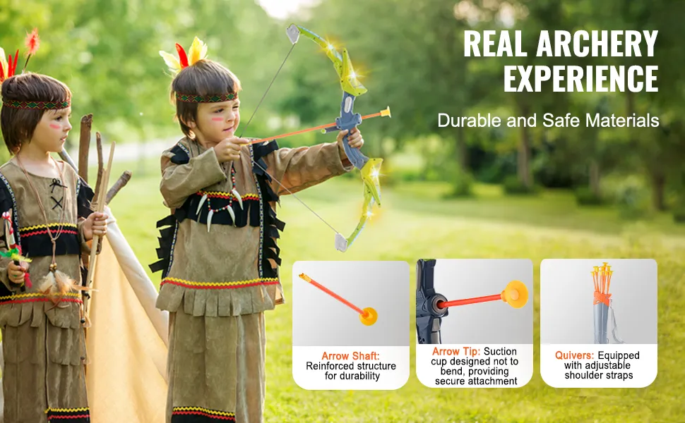 children in native american costumes playing with VEVOR kids bow and arrow set in a park.