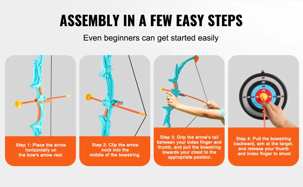 assembly steps for the VEVOR kids bow and arrow set: place arrow, clip nock, grip, pull, and shoot.