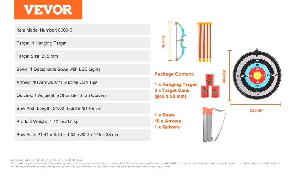VEVOR kids archery set with led bow, 10 suction cup arrows, target, quiver, and target cans.