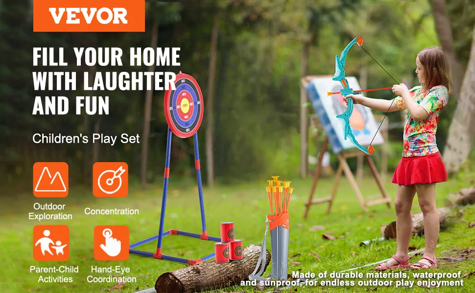 Zestaw łuku i strzał VEVOR dla dzieci do zabawy na świeżym powietrzu, ze stojakiem na tarczę, strzałami i żywym wzorem.