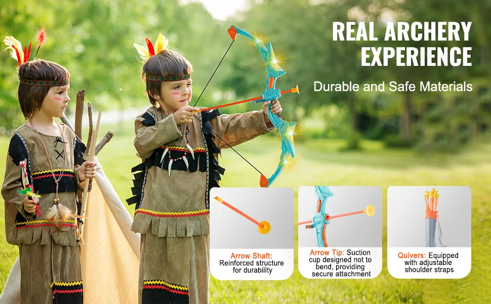 Dzieci bawią się na świeżym powietrzu zestawem łuku i strzał VEVOR dla dzieci, wyposażonym w wytrzymałe strzały i regulowane kołczany.