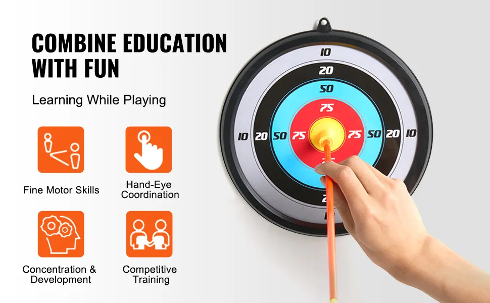 Łuk i strzały dla dzieci VEVOR służą do ćwiczenia małych zdolności motorycznych, koordynacji wzrokowo-ruchowej oraz nauki poprzez zabawę.