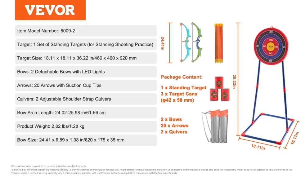 Juego de tiro con arco para niños VEVOR con diana vertical, 2 arcos, 20 flechas con puntas de ventosa y 2 carcaj.