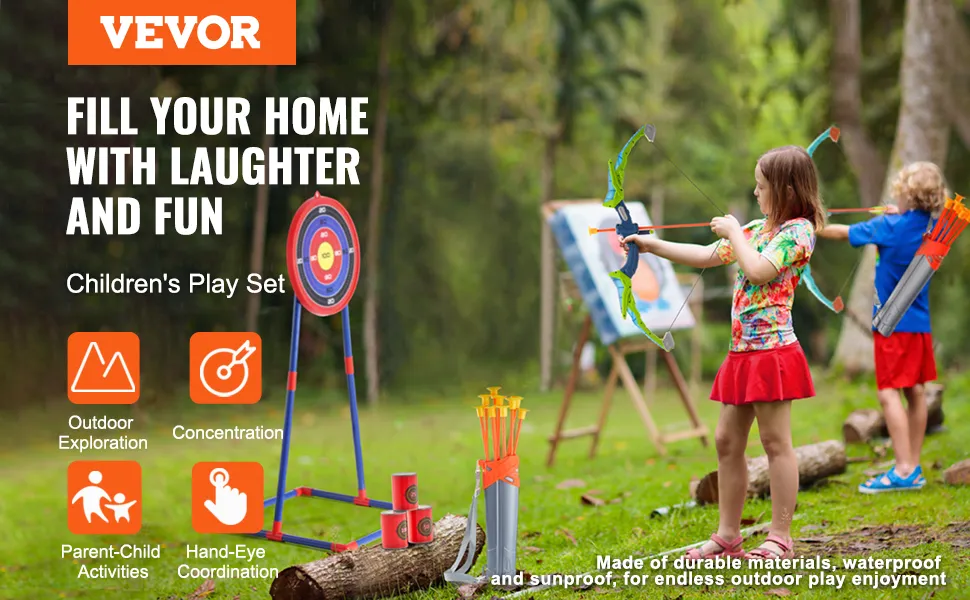 Niños jugando al tiro con arco con el juego de tiro con arco para niños VEVOR al aire libre, soporte para diana y flechas incluidas.