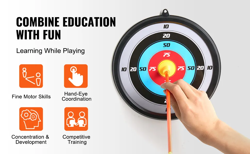 El juego de tiro con arco para niños VEVOR promueve las habilidades motoras finas, la coordinación mano-ojo, la concentración y el entrenamiento competitivo.