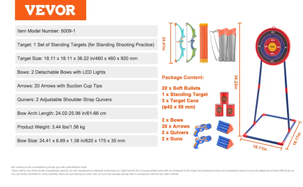 De VEVOR-pijlen- en boogset voor kinderen bevat doelen, afneembare bogen, zuignappijlen, pijlenkokers en zachte kogels.
