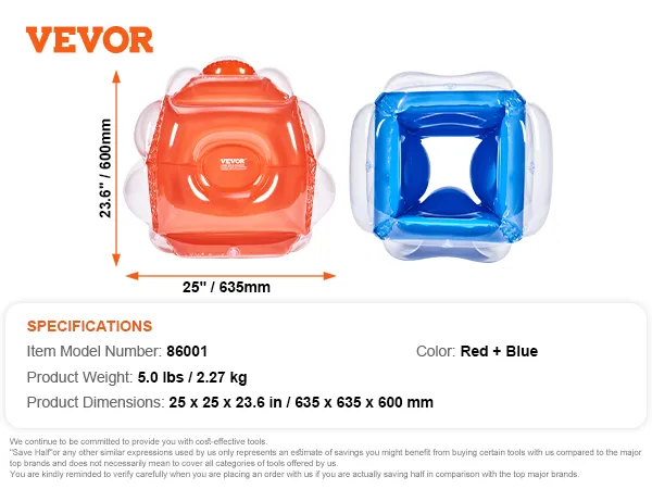 VEVOR inflatable bumper balls in red and blue, dimensions 25" x 25" x 23.6", lightweight at 5.0 lbs.