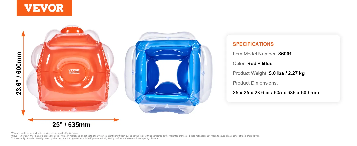 VEVOR inflatable bumper balls in red and blue, dimensions 25" x 25" x 23.6", lightweight at 5.0 lbs.