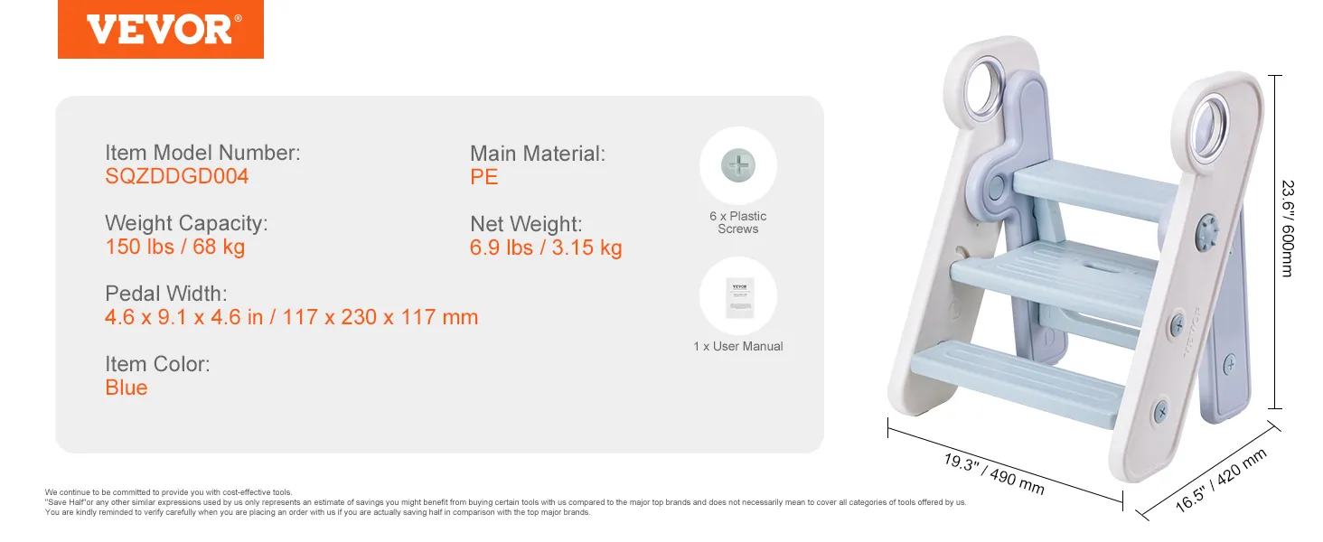 Taburete para niños pequeños VEVOR, modelo sqzddgd004, azul, pe, capacidad de 150 libras, peso de 6,9 libras, dimensiones mostradas.