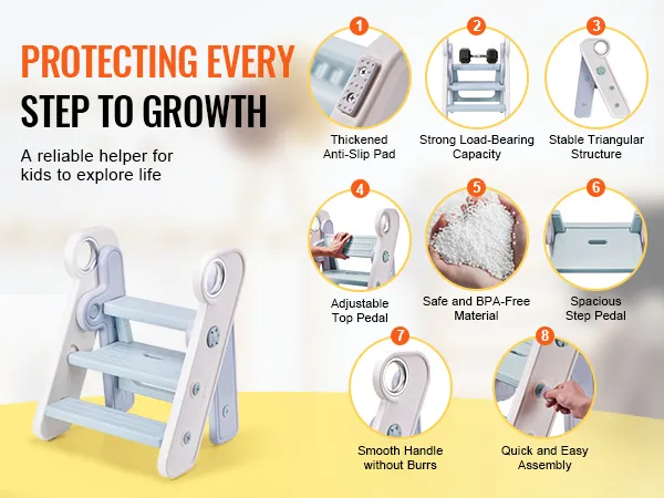 Taburete para niños VEVOR: seguro, resistente, sin BPA, antideslizante, ajustable, fácil montaje, escalones espaciosos.