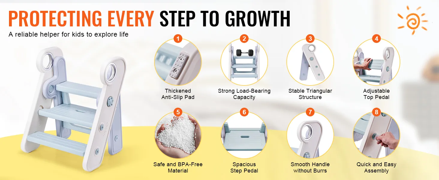 Taburete para niños VEVOR: seguro, resistente, sin BPA, antideslizante, ajustable, fácil montaje, escalones espaciosos.