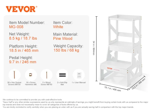 VEVOR opstapje voor peuters, wit grenenhout, 86 cm hoog, draagvermogen van 68 kg, inclusief bevestigingsmateriaal en handleiding.
