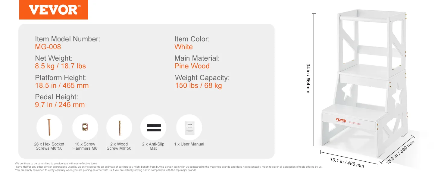 VEVOR opstapje voor peuters, wit grenenhout, 86 cm hoog, draagvermogen van 68 kg, inclusief bevestigingsmateriaal en handleiding.
