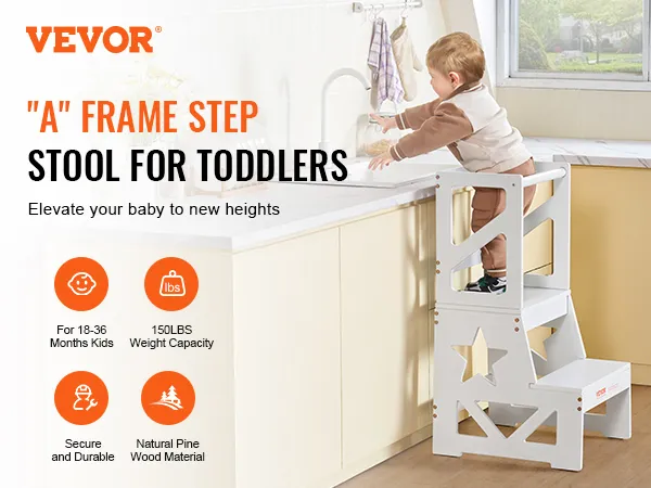 VEVOR peutertrapje in de keuken met een kind, gemaakt van duurzaam natuurlijk grenenhout en een veilig ontwerp.