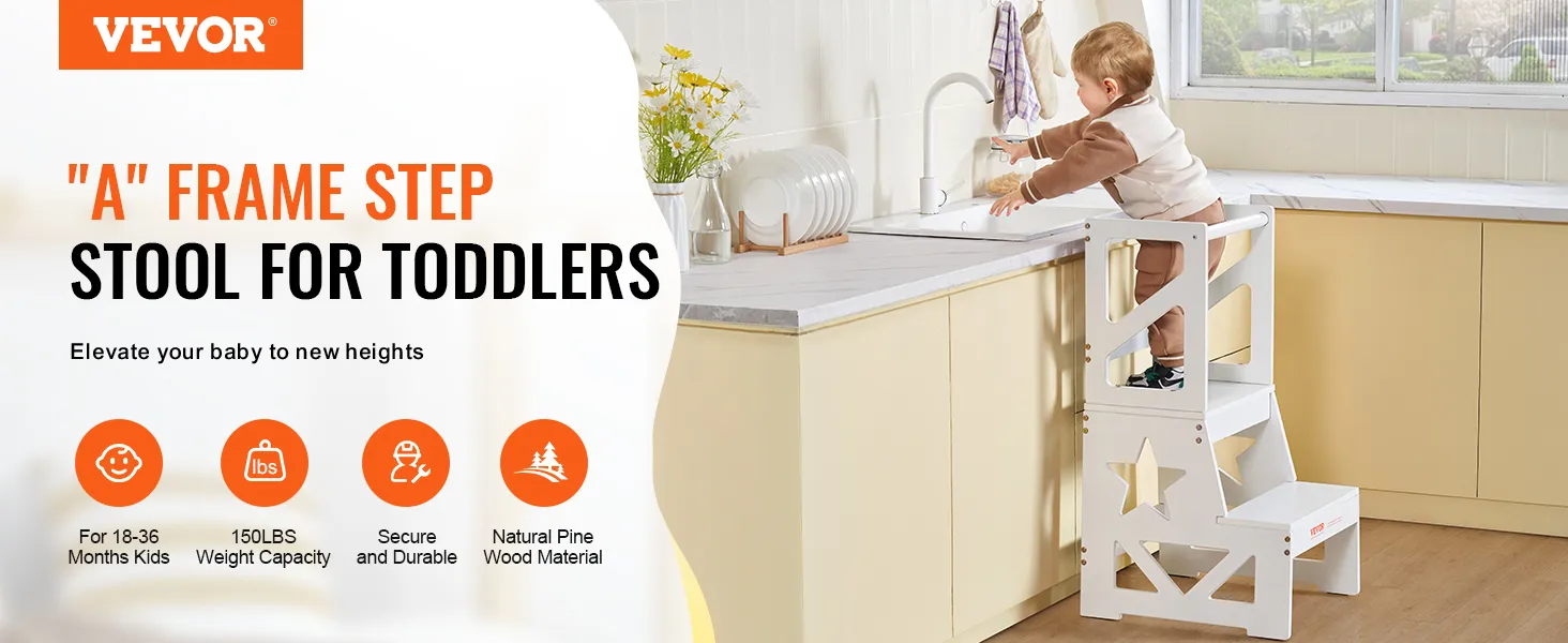 VEVOR peutertrapje in de keuken met een kind, gemaakt van duurzaam natuurlijk grenenhout en een veilig ontwerp.