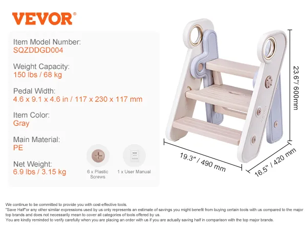 VEVOR toddler step stool in gray, weighing 6.9 lbs with a 150 lbs capacity and dimensions of 23.6" x 19.3".