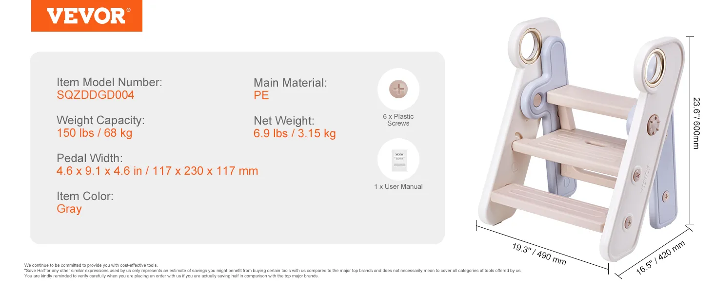 VEVOR toddler step stool in gray, weighing 6.9 lbs with a 150 lbs capacity and dimensions of 23.6" x 19.3".