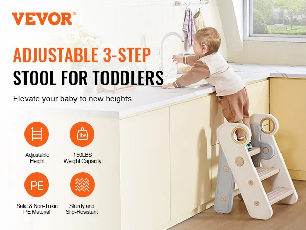 VEVOR toddler step stool, adjustable 3-step, sturdy, slip-resistant, supporting up to 150 lbs.