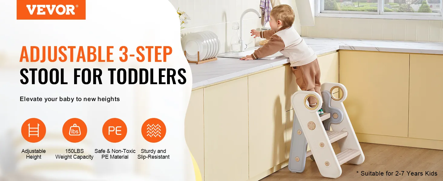 VEVOR toddler step stool, adjustable 3-step, sturdy, slip-resistant, supporting up to 150 lbs.