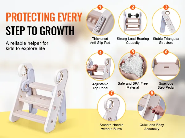 VEVOR toddler step stool with anti-slip pads, stable structure, bpa-free material, and easy assembly.