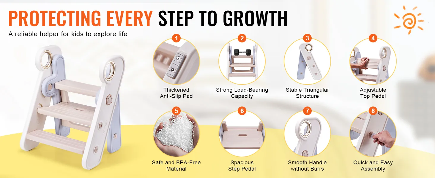 VEVOR toddler step stool with anti-slip pads, stable structure, bpa-free material, and easy assembly.