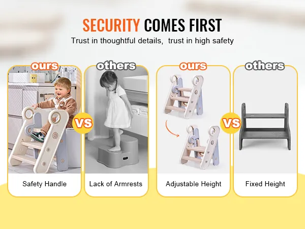 VEVOR toddler step stool with safety handle and adjustable height vs others lacking armrests and fixed height.