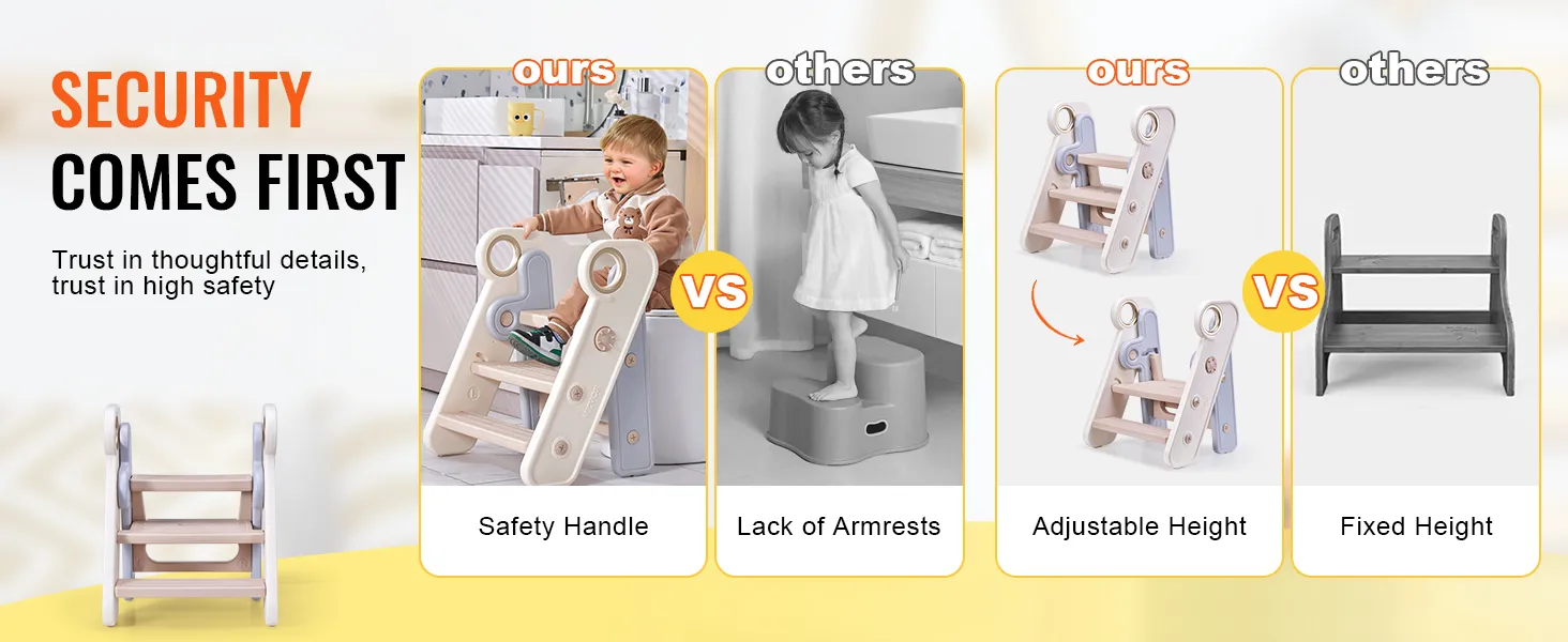 VEVOR toddler step stool with safety handle and adjustable height vs others lacking armrests and fixed height.