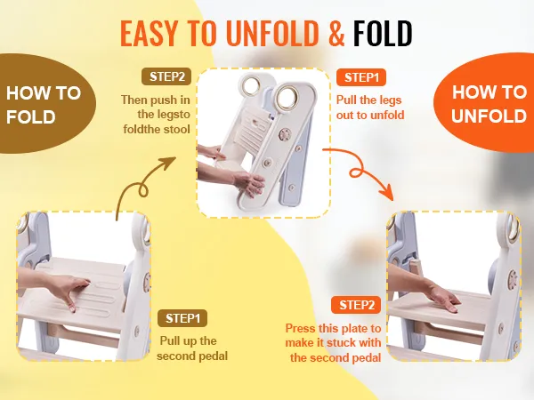 easy steps to fold and unfold the VEVOR toddler step stool with hand illustrations and instructions.