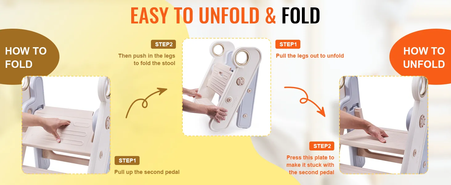 easy steps to fold and unfold the VEVOR toddler step stool with hand illustrations and instructions.