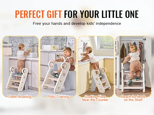 VEVOR toddler step stool used for teeth brushing, potty training, cooking time near the counter, and shelving.