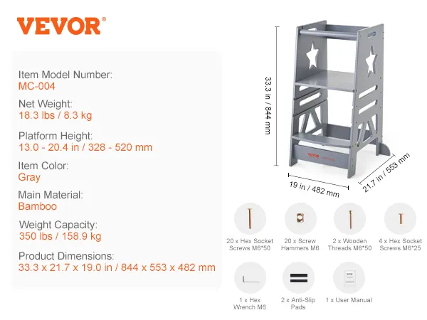 Stołek barowy VEVOR wykonany z szarego bambusa, wysokość 84,5 cm, regulowana platforma, udźwig 159 kg.