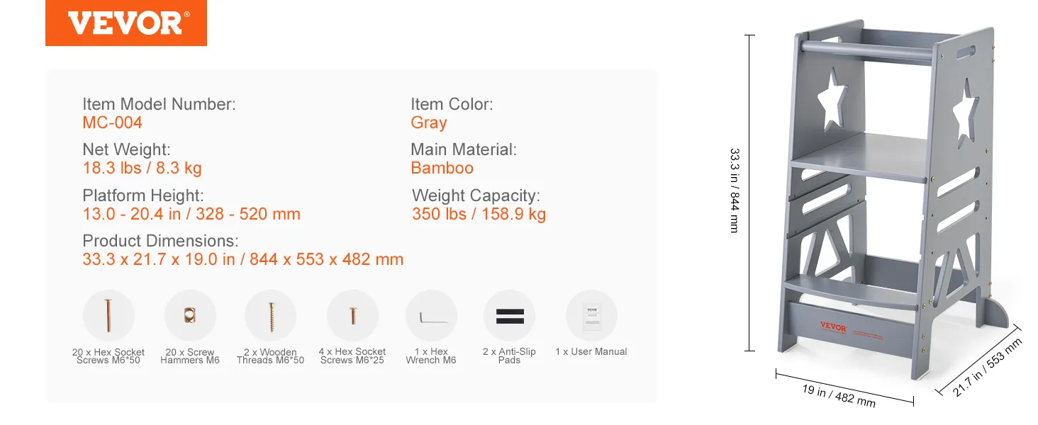 Stołek barowy VEVOR wykonany z szarego bambusa, wysokość 84,5 cm, regulowana platforma, udźwig 159 kg.