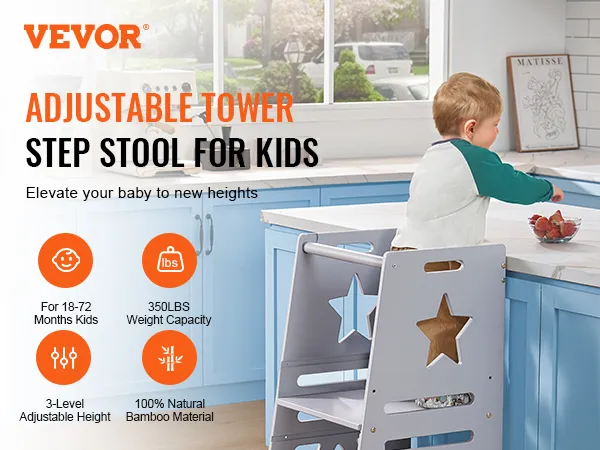 Dziecięcy stołek VEVOR w kuchni z niebieskimi szafkami i miską truskawek na blacie.