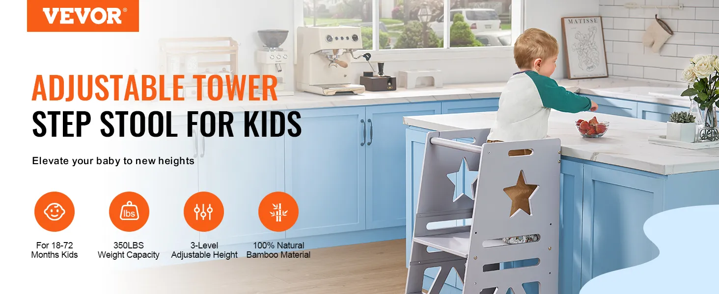 Dziecięcy stołek VEVOR w kuchni z niebieskimi szafkami i miską truskawek na blacie.