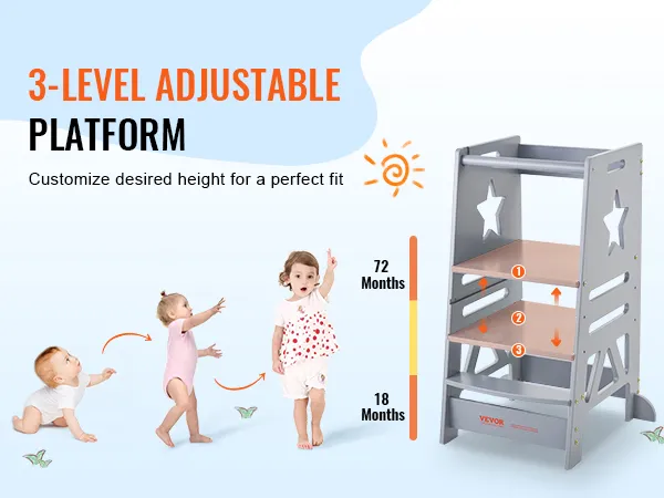 Podnóżek VEVOR z 3-stopniową regulacją, odpowiedni dla dzieci w wieku od 18 do 72 miesięcy, z możliwością dostosowania wysokości.