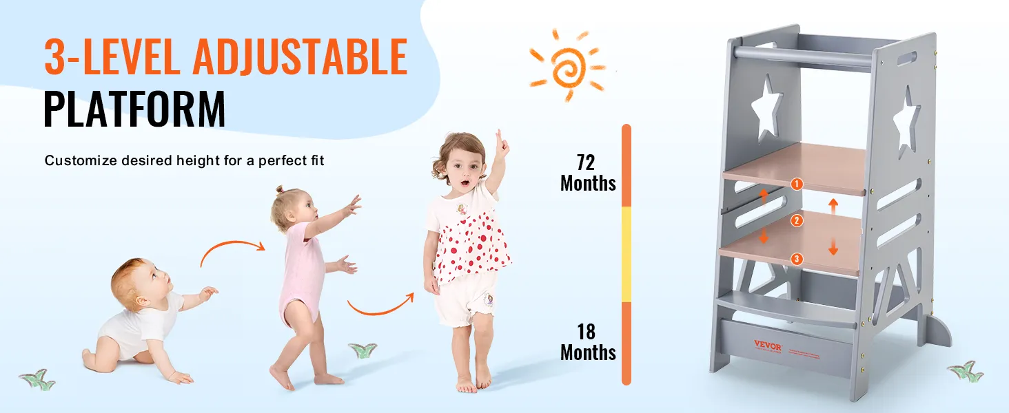 Podnóżek VEVOR z 3-stopniową regulacją, odpowiedni dla dzieci w wieku od 18 do 72 miesięcy, z możliwością dostosowania wysokości.