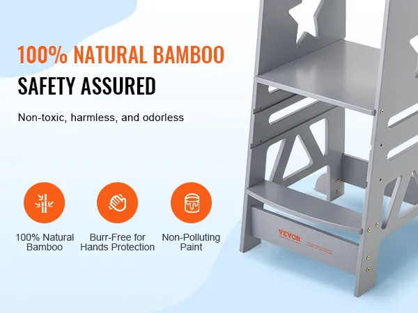 Podnóżek VEVOR wykonany w 100% z naturalnego bambusa, bezpieczny dzięki nietoksycznej, bez zadziorów i niezanieczyszczającej farbie.